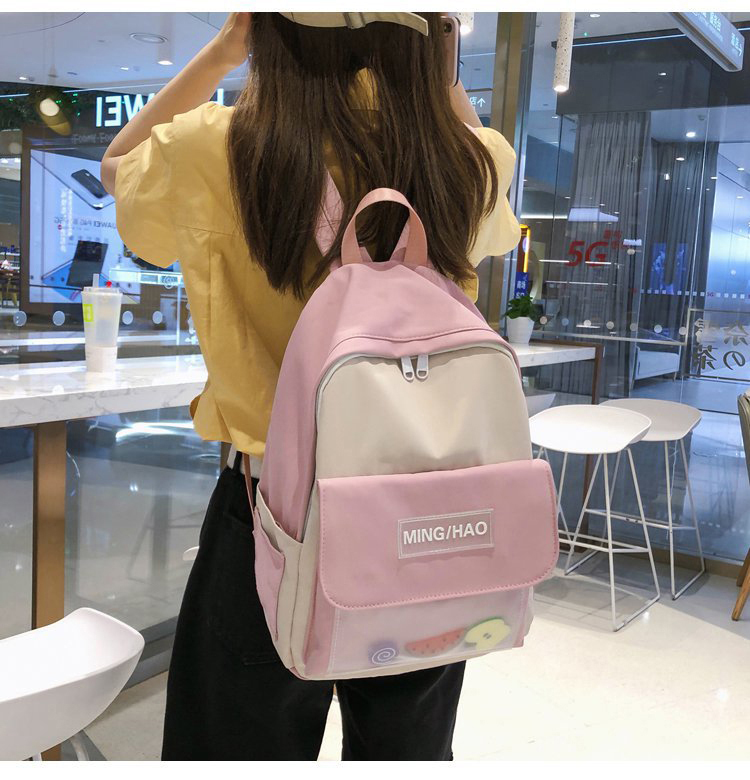 Fashion Pink Transparent Letter Sticker Fruit Contrast Color Backpack,Backpack