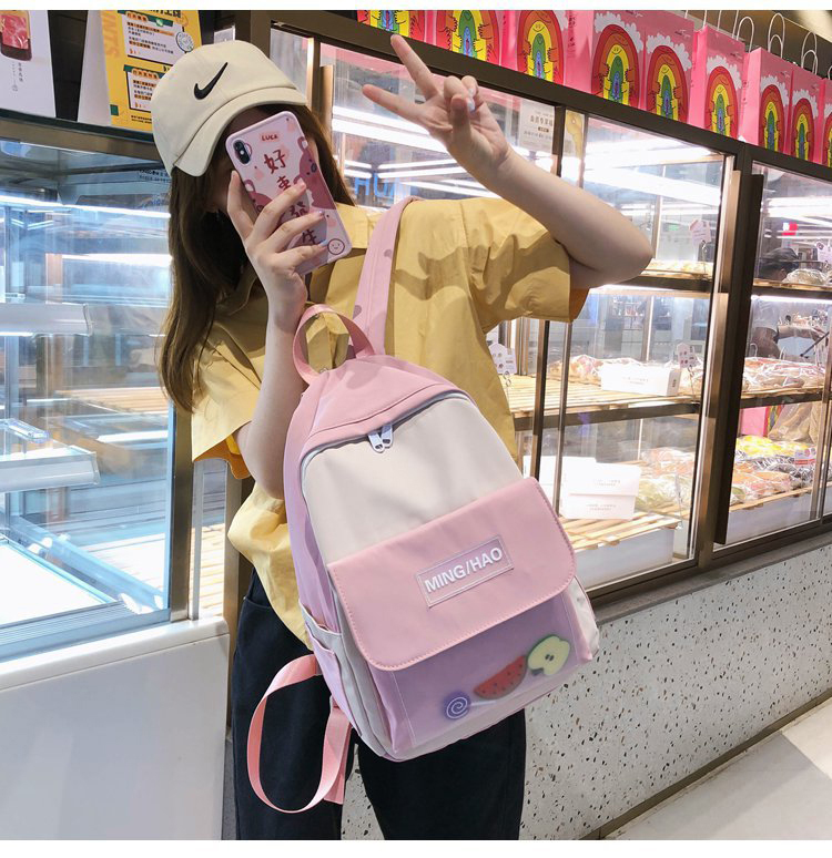 Fashion Pink Transparent Letter Sticker Fruit Contrast Color Backpack,Backpack