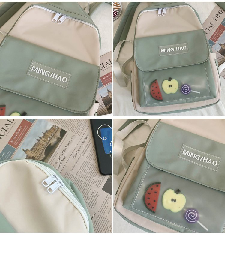 Fashion Green Transparent Letter Sticker Fruit Contrast Color Backpack,Backpack