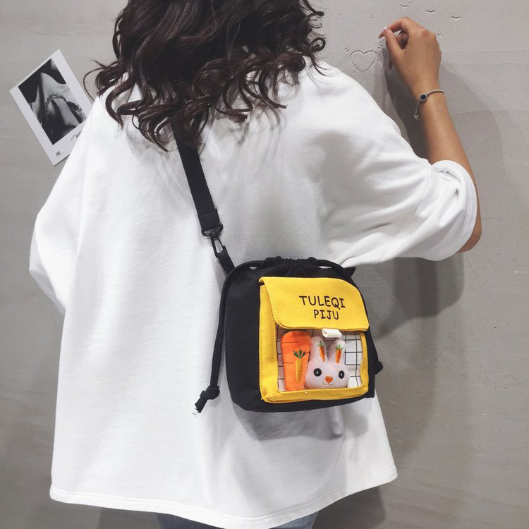 Fashion Black Radish Bunny Transparent Stitching Plaid Canvas Shoulder Messenger Bag,Shoulder bags