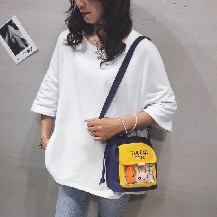 Fashion Blue Radish Bunny Transparent Stitching Plaid Canvas Shoulder Messenger Bag,Shoulder bags