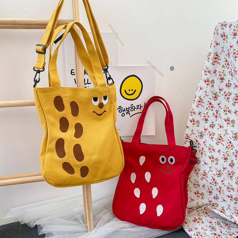 Fashion Red Embroidered Peanut And Strawberry Fruit Canvas Shoulder Messenger Bag,Shoulder bags