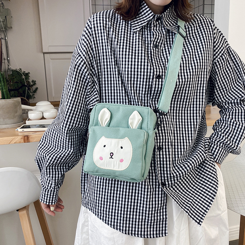 Fashion Green Canvas Shoulder Bag With Embroidered Rabbit Ears,Shoulder bags