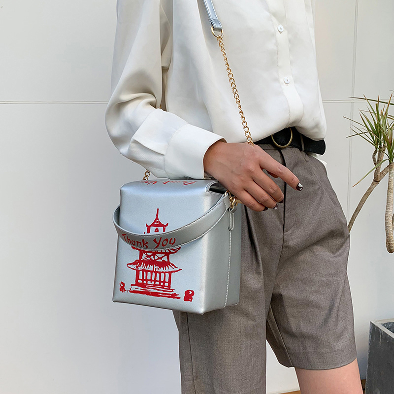 Fashion Black Pu Chain Tower Printed Shoulder Messenger Bag,Shoulder bags