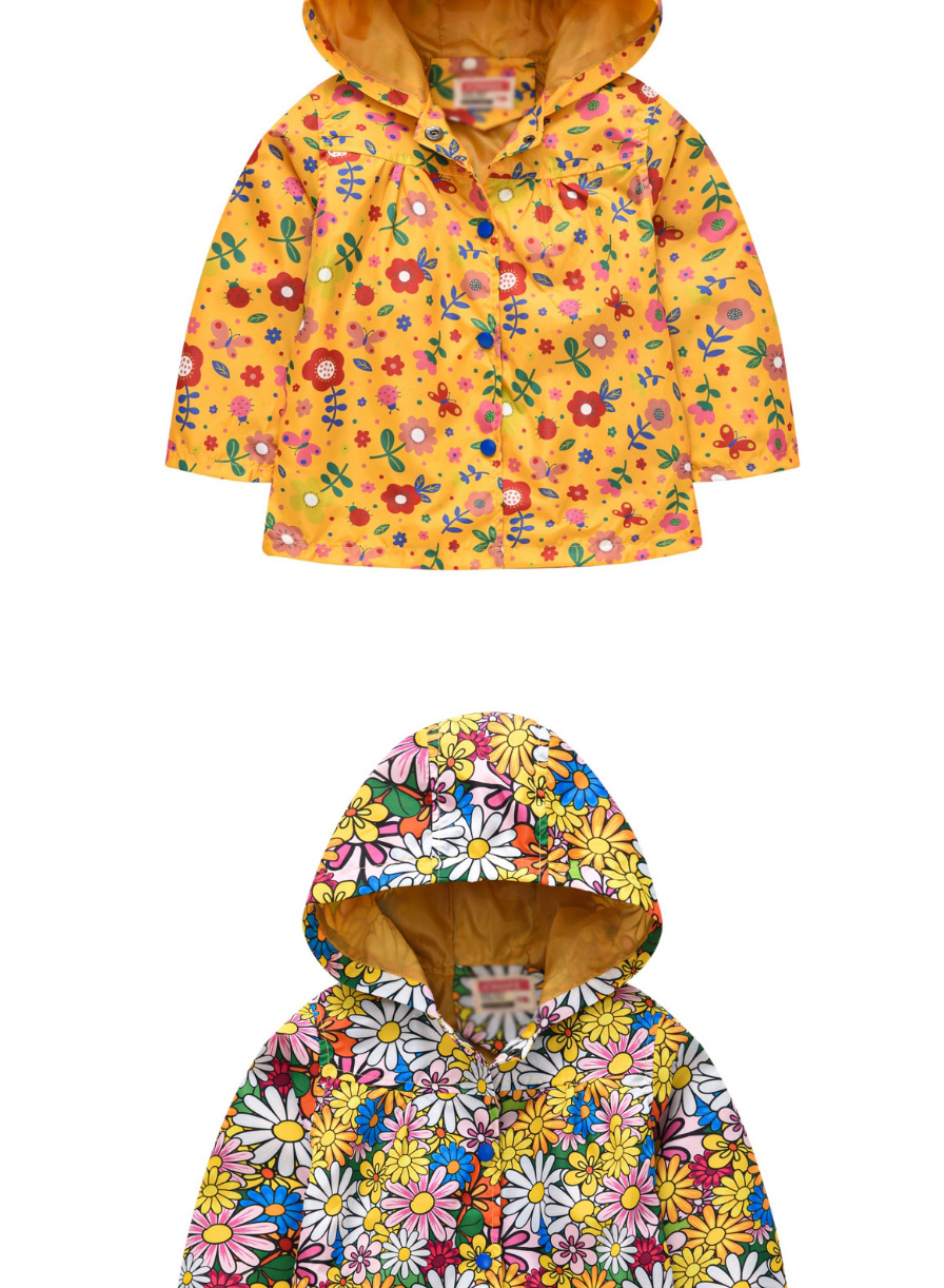 Fashion Flower Orange Spring And Autumn Sleeve Printed Hooded Jacket,Kids Clothing