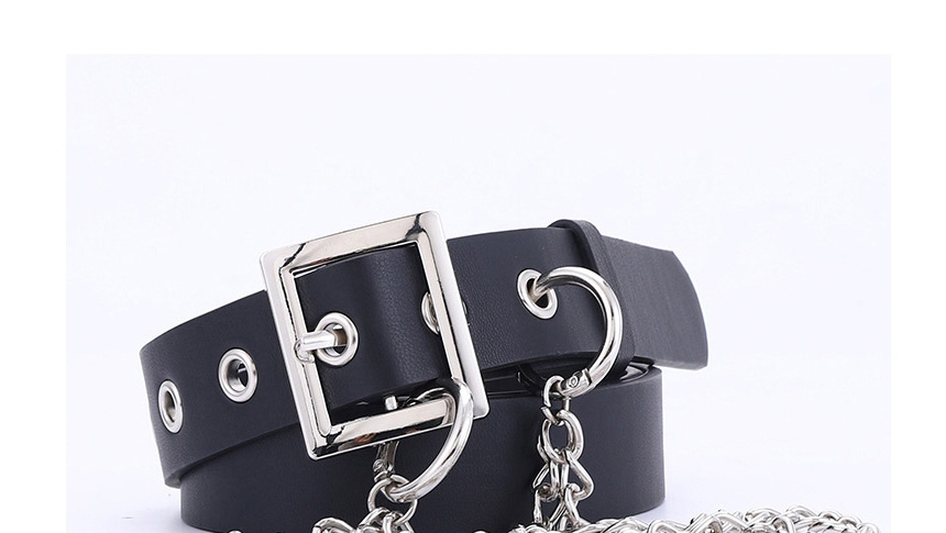 Fashion Black +1 Chain Chain-embedded Pierced Square Buckle Belt,Wide belts