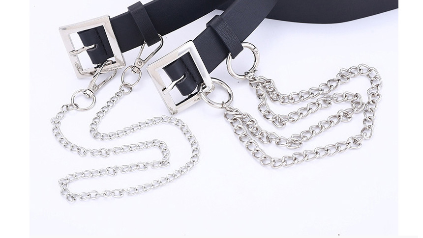 Fashion Black +1 Chain Chain-embedded Pierced Square Buckle Belt,Wide belts