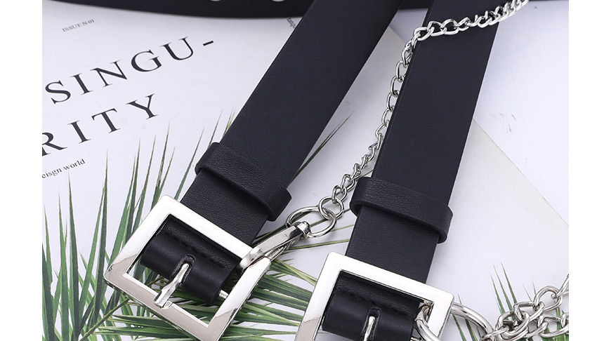 Fashion Black + 3 Chain Chain-embedded Pierced Square Buckle Belt,Wide belts
