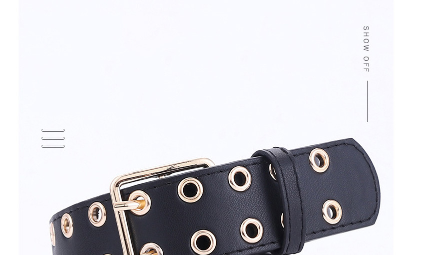 Fashion Black + 6 Chain Hollow Gold Buckle Corn Eye Double Row Full Hole Belt,Wide belts