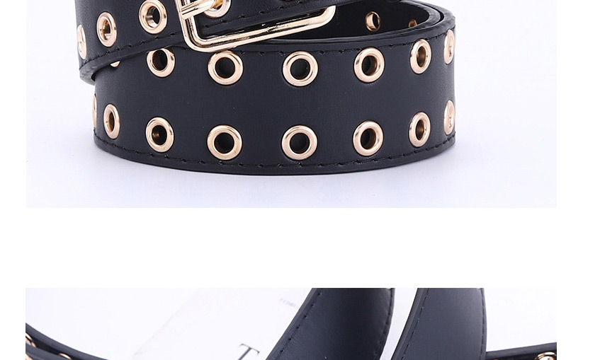 Fashion Black + 6 Chain Hollow Gold Buckle Corn Eye Double Row Full Hole Belt,Wide belts