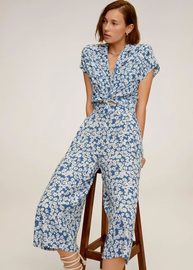 Fashion Blue Floral Print Wide-leg Trousers,Pants