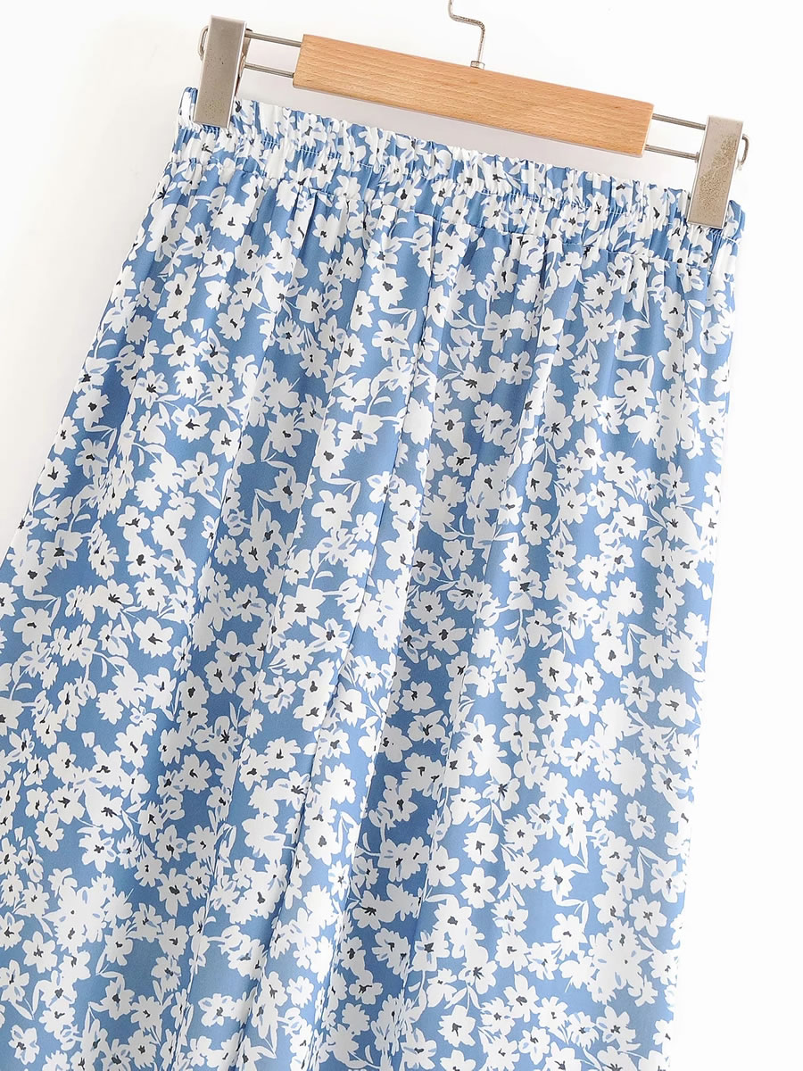 Fashion Blue Floral Print Wide-leg Trousers,Pants