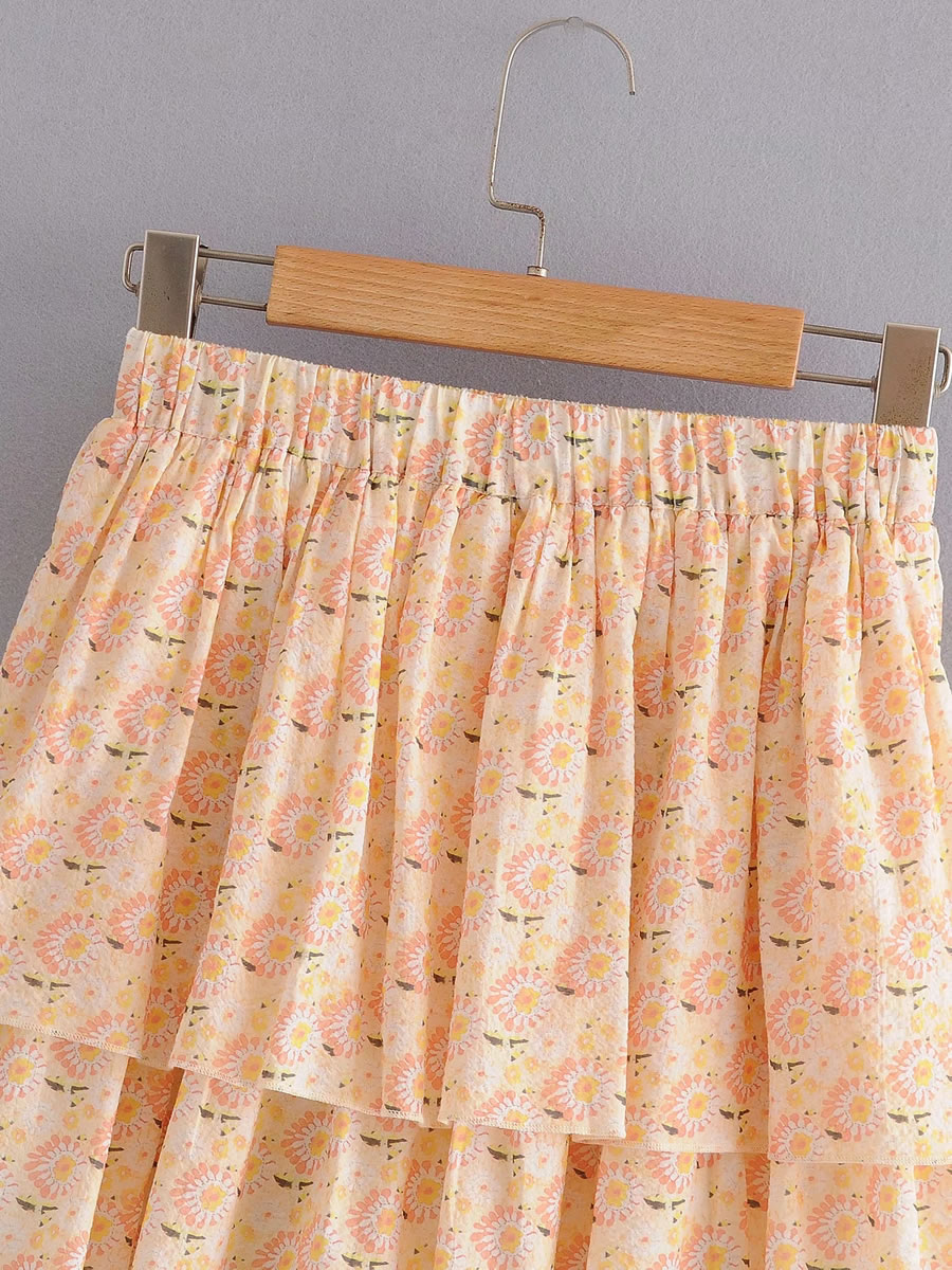 Fashion Orange Small Daisy Laminated Skirt,Skirts