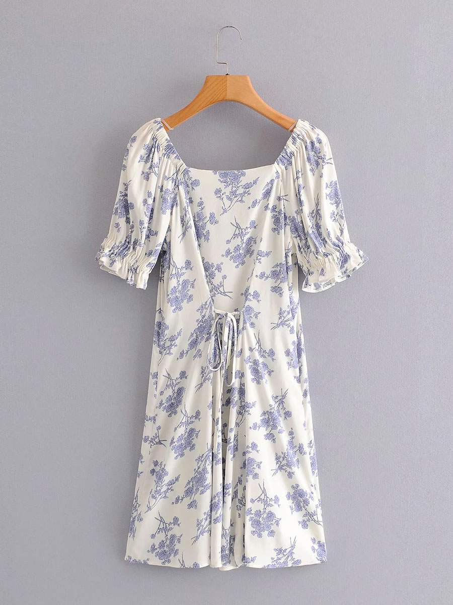 Fashion Blue Flower Print Single Breasted Dress,Long Dress