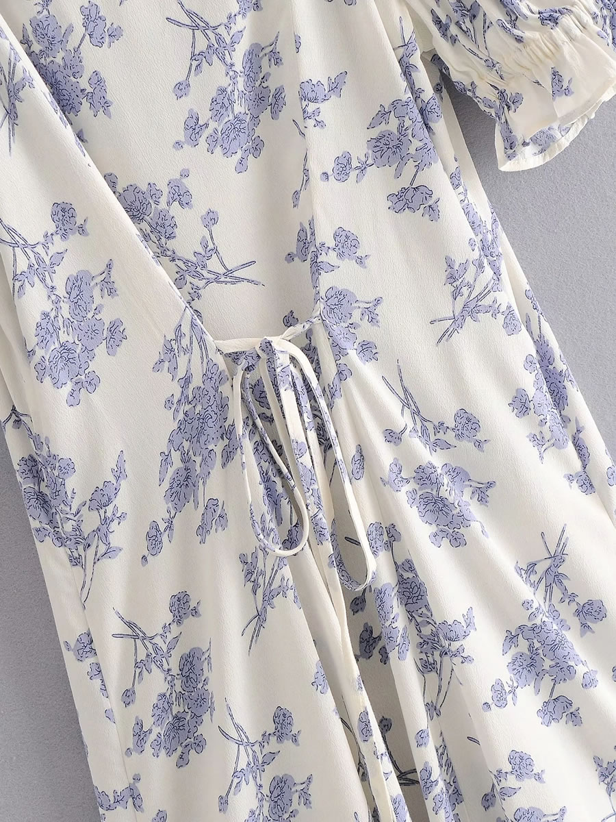 Fashion Blue Flower Print Single Breasted Dress,Long Dress
