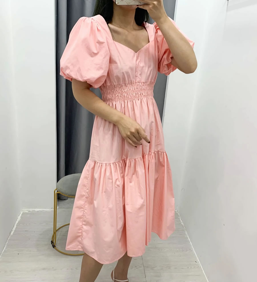 Fashion Pink V-neck Lantern Sleeve Dress,Long Dress