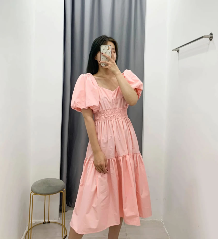 Fashion Pink V-neck Lantern Sleeve Dress,Long Dress