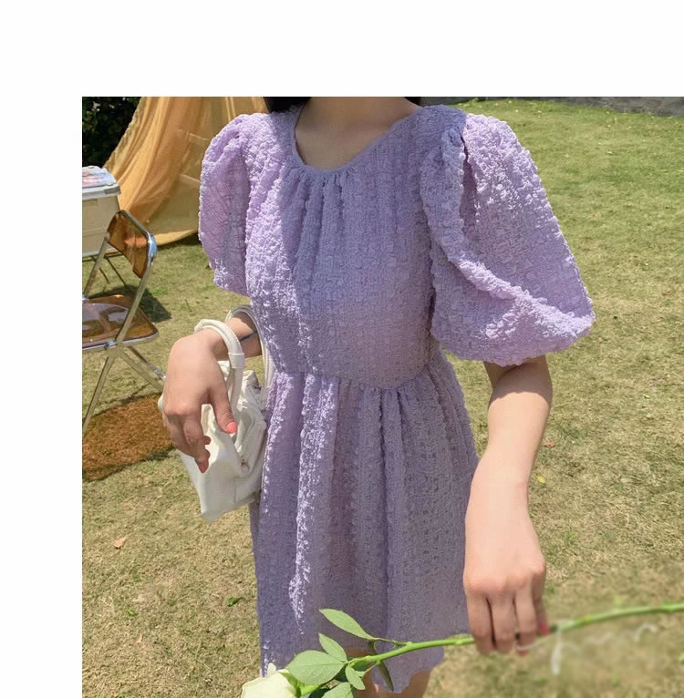 Fashion Purple Bubble Sleeve High Waist Stitching Dress,Long Dress