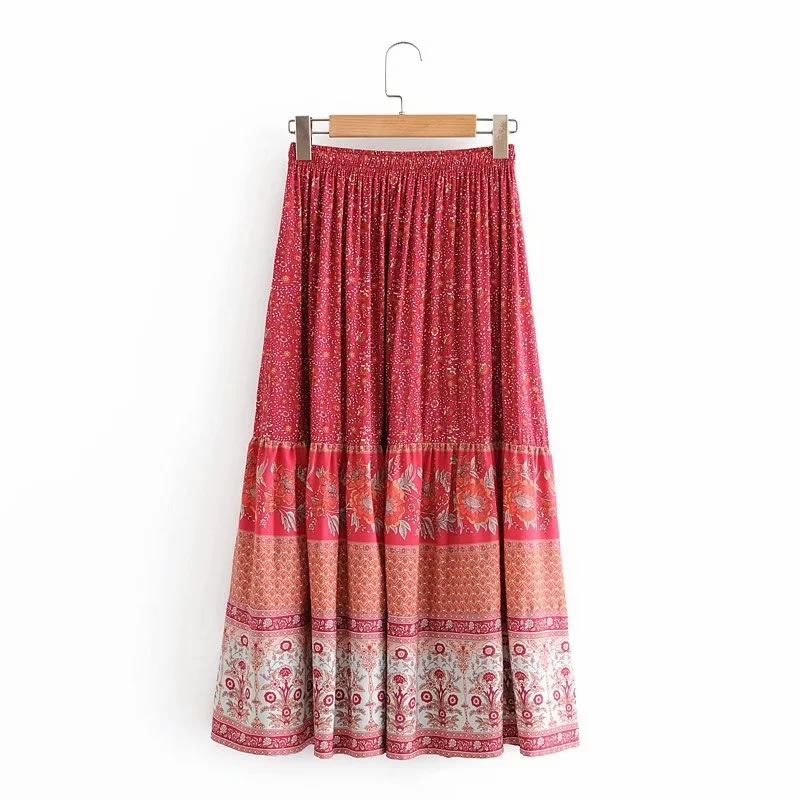 Fashion Red Printed Elastic Waist Skirt,Skirts
