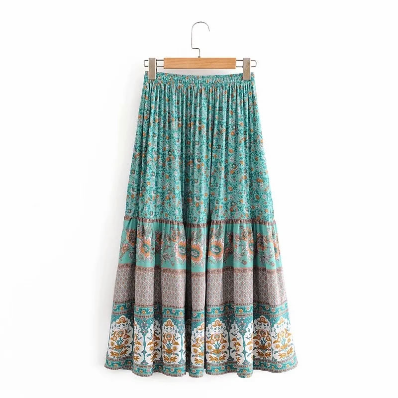 Fashion Lake Blue Printed Elastic Waist Skirt,Skirts