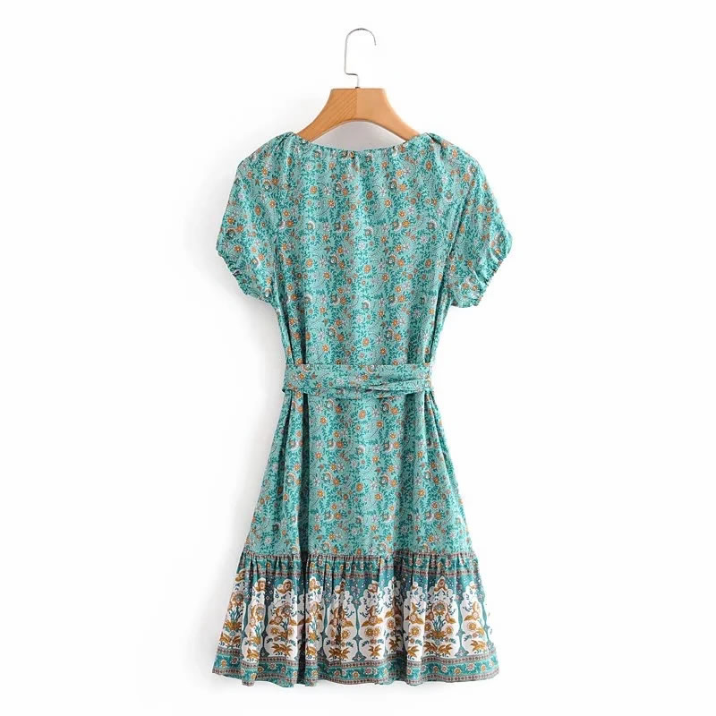 Fashion Lake Blue Aster Print Short-sleeved Dress With Belt,Long Dress