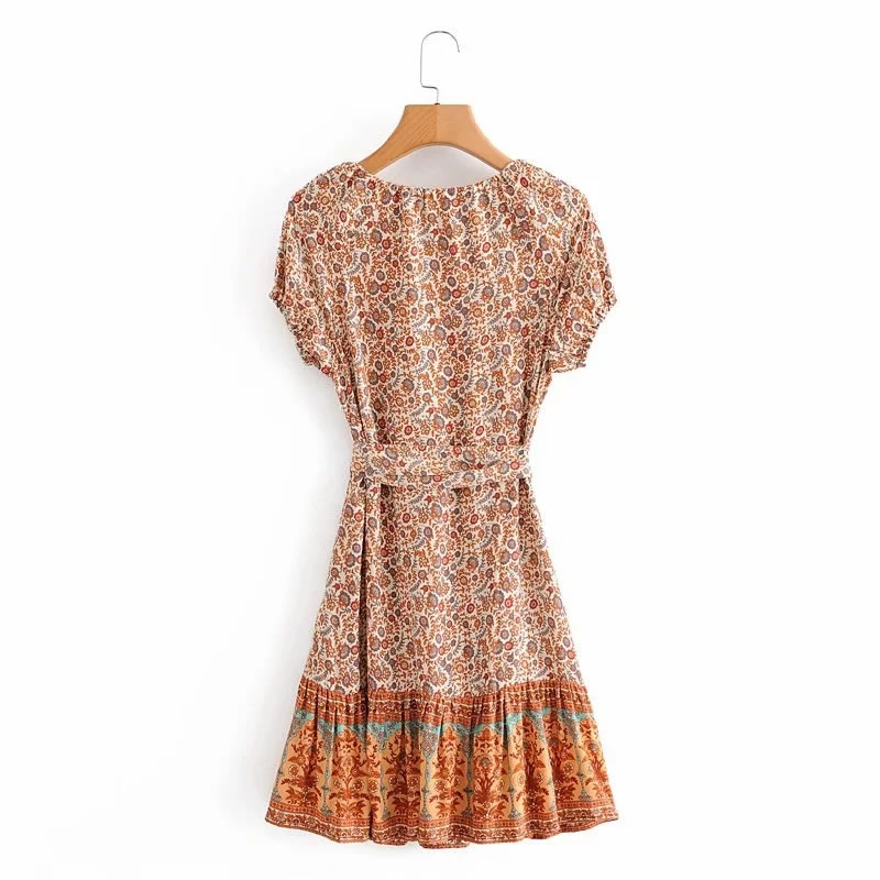 Fashion Orange Aster Print Short-sleeved Dress With Belt,Long Dress