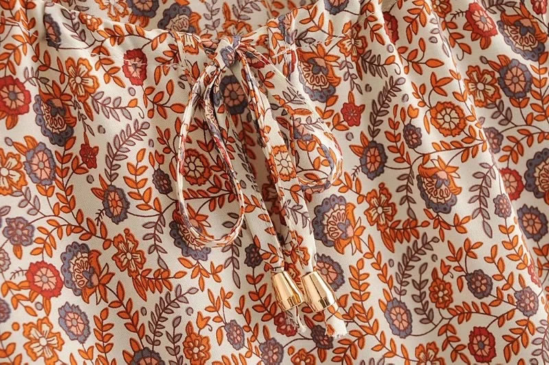 Fashion Orange Aster Print Short-sleeved Dress With Belt,Long Dress