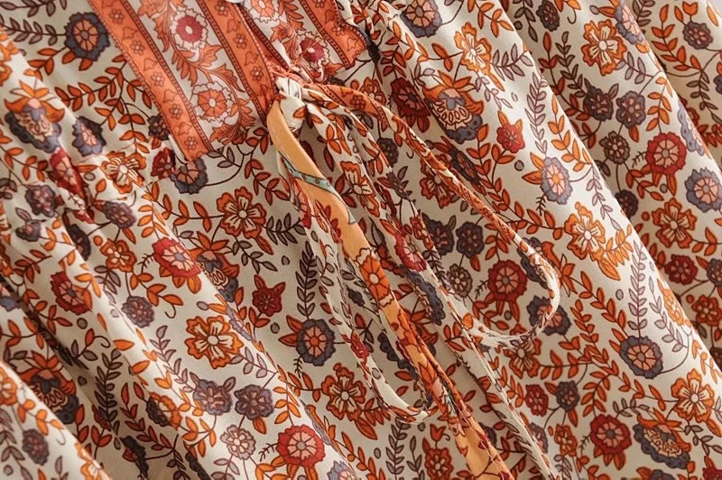 Fashion Orange Aster Print V-neck Drawstring Short Sleeve Dress,Long Dress