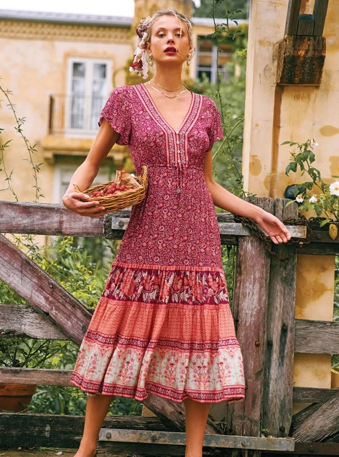Fashion Red Aster Print V-neck Drawstring Short Sleeve Dress,Long Dress