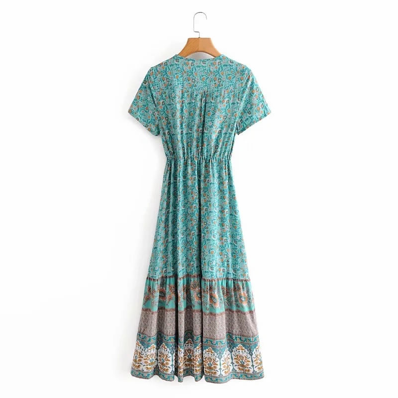Fashion Lake Blue Aster Print V-neck Drawstring Short Sleeve Dress,Long Dress