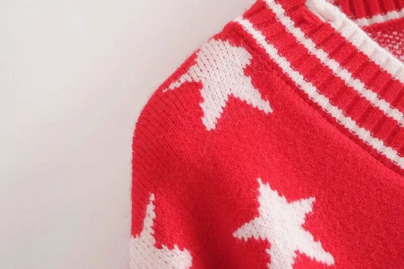 Fashion Red Pentagram V-neck Hem Dog Chew Knitted Pullover,Sweater