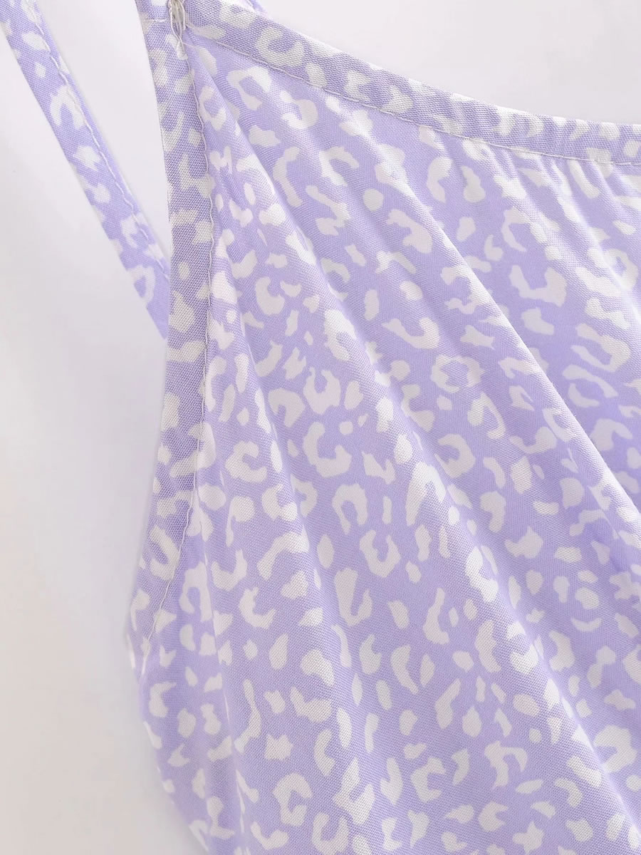 Fashion Purple Leopard Print Tether Straps Stitching Suspender Skirt,Long Dress