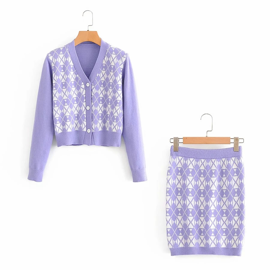 Fashion Purple Houndstooth Skirt With Houndstooth Print Knitted Jacket,Skirts