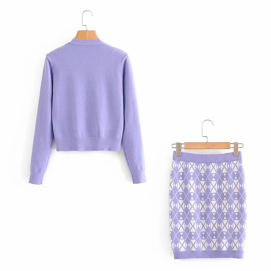 Fashion Purple Houndstooth Skirt With Houndstooth Print Knitted Jacket,Skirts