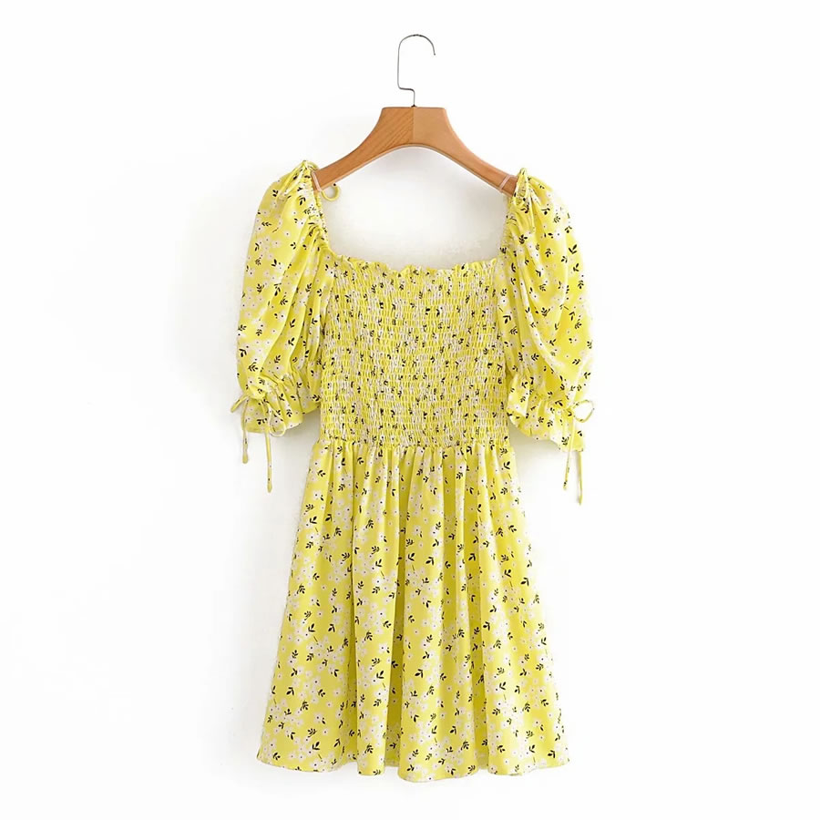 Fashion Yellow Floral Print Tethered Puff Sleeve Dress,Long Dress