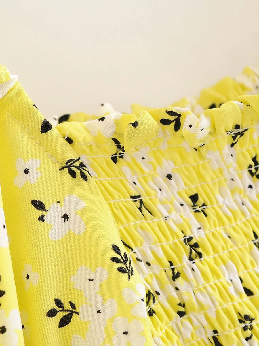 Fashion Yellow Floral Print Tethered Puff Sleeve Dress,Long Dress