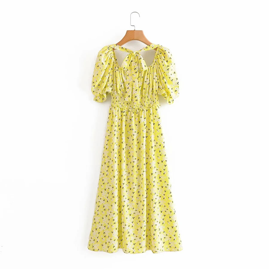 Fashion Yellow Floral Puff Sleeves Waist Long Split Skirt,Long Dress