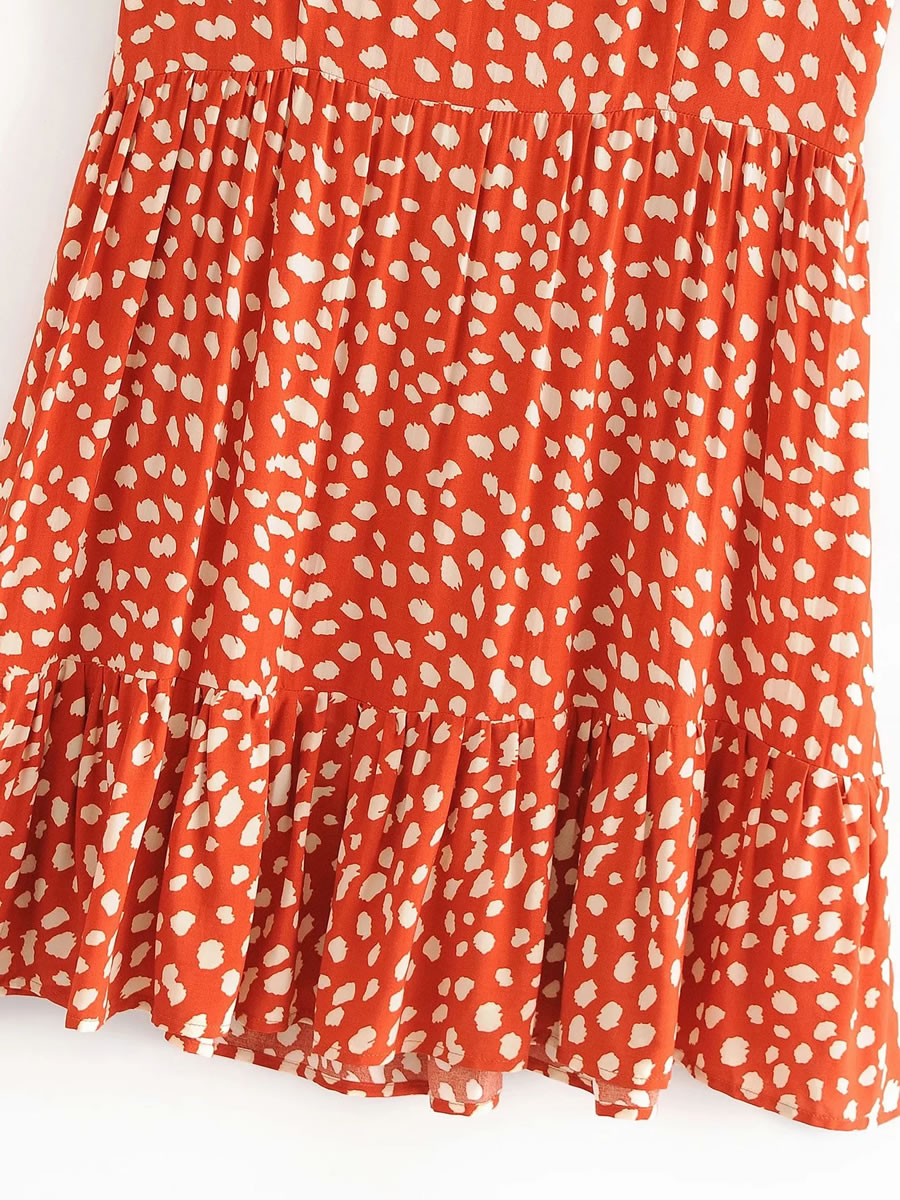 Fashion Orange Leopard Print V-neck Short Sleeve Dress,Long Dress