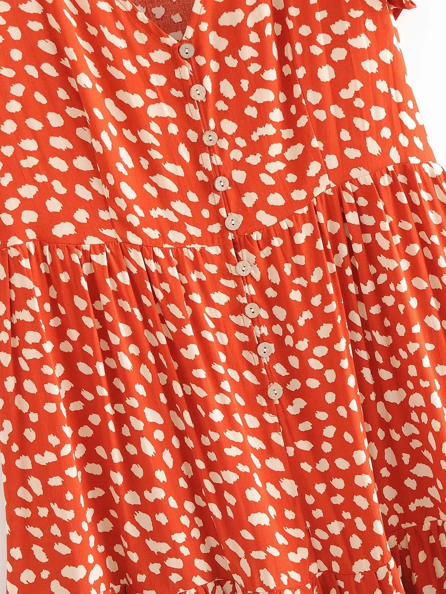 Fashion Orange Leopard Print V-neck Short Sleeve Dress,Long Dress