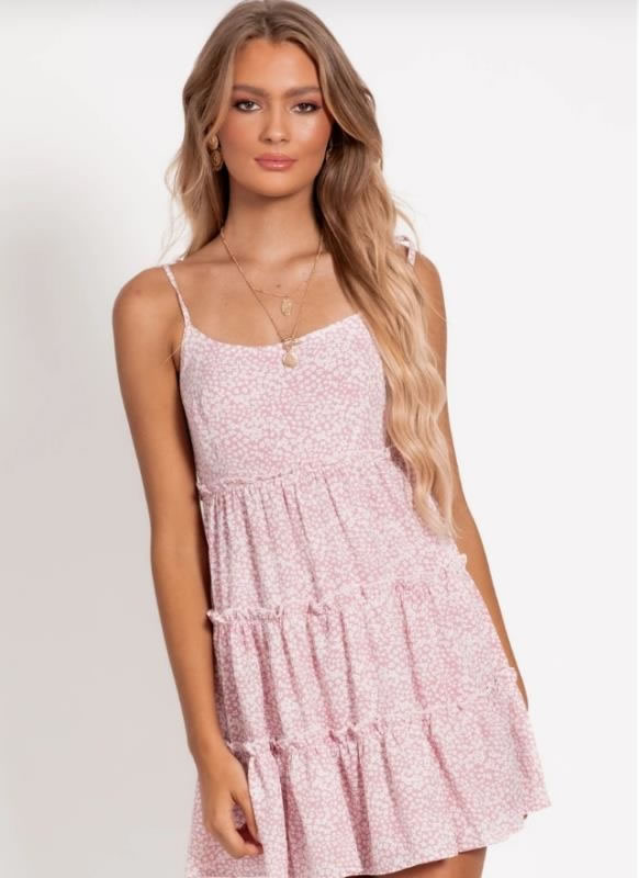 Fashion Pink Chiffon Lining Star Print Ruffled Camisole Skirt,Long Dress