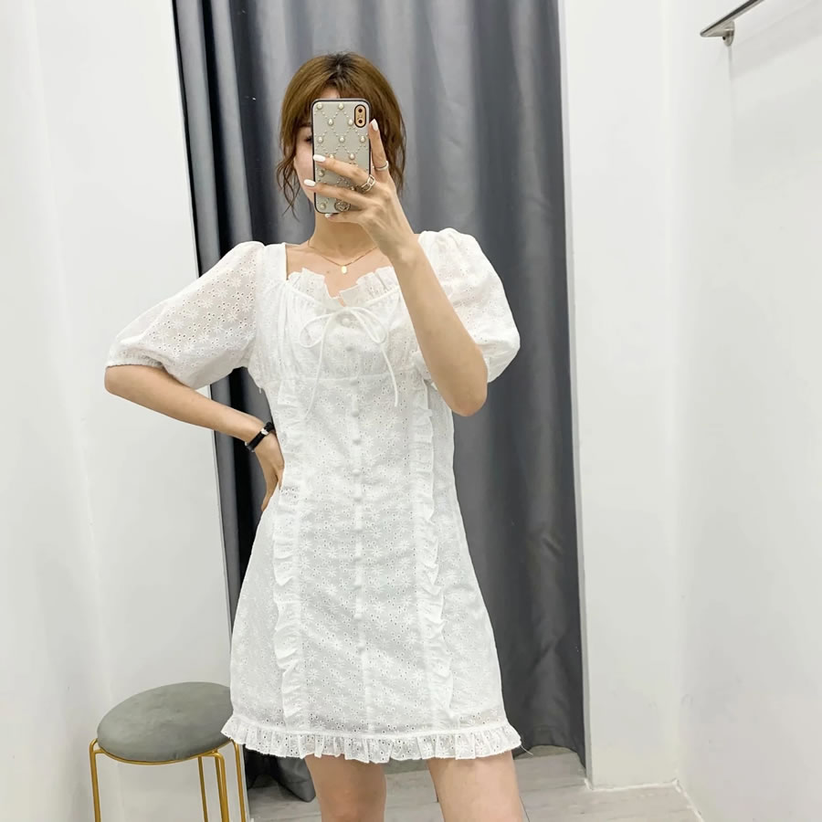 Fashion White Openwork Embroidered Dress With Wood Ears,Long Dress