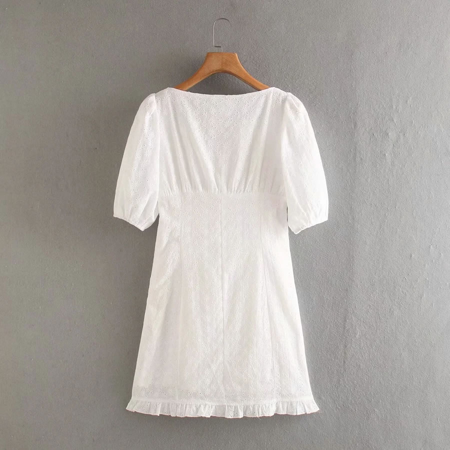 Fashion White Openwork Embroidered Dress With Wood Ears,Long Dress
