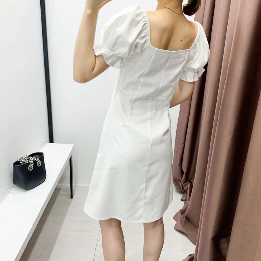 Fashion White Puff Sleeve Off-shoulder Ruffle Dress,Long Dress