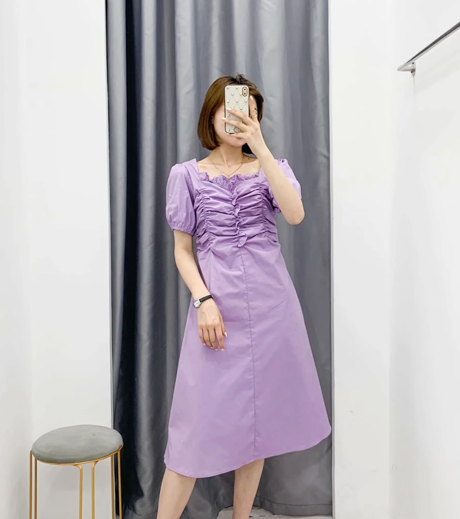 Fashion Purple Pleated Sleeve Fungus Frill Dress,Long Dress