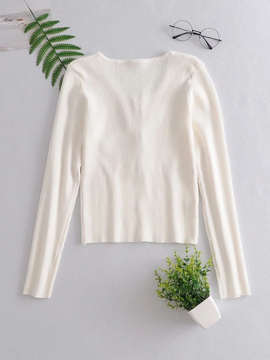 Fashion White Thin Knit Sweater With Chest Tether,Sweater