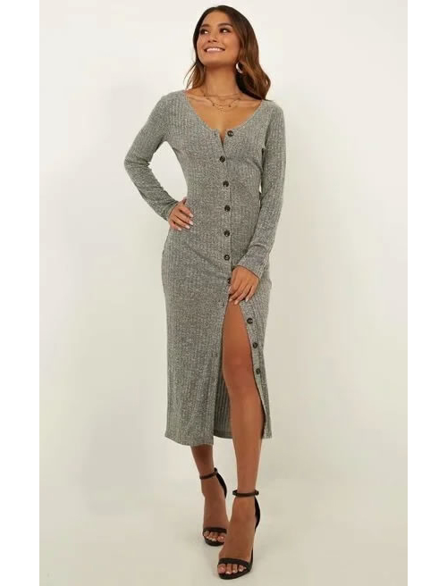 Fashion Gray Long-breasted Split-knit Dress,Long Dress