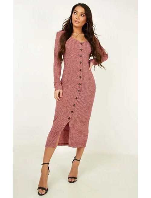 Fashion Pink Long-breasted Split-knit Dress,Long Dress