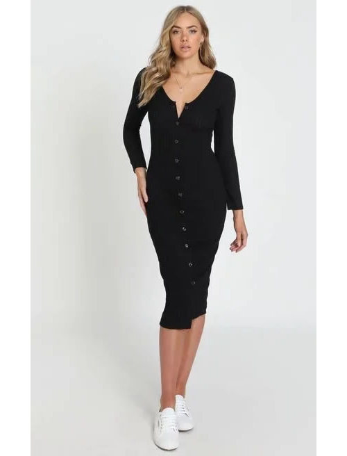 Fashion Black Long-breasted Split-knit Dress,Long Dress