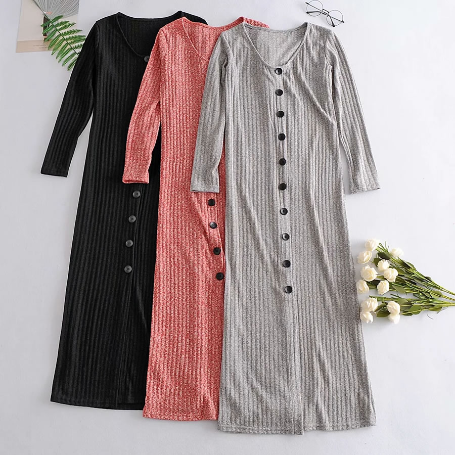 Fashion Black Long-breasted Split-knit Dress,Long Dress