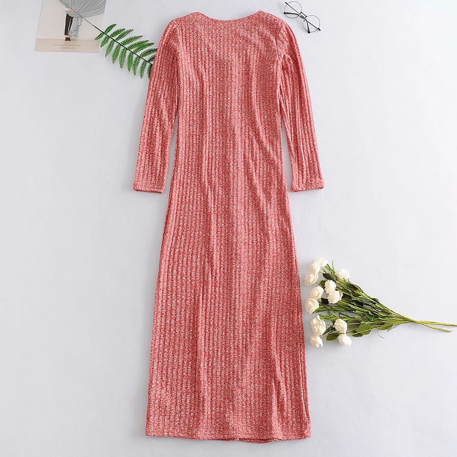 Fashion Pink Long-breasted Split-knit Dress,Long Dress